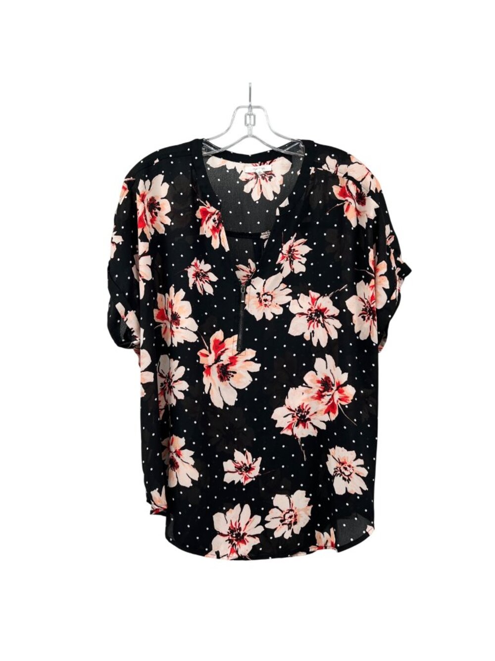Maurices Sheer Short Sleeve Top Floral Polka Dots Black/Multi Size XL Zipper